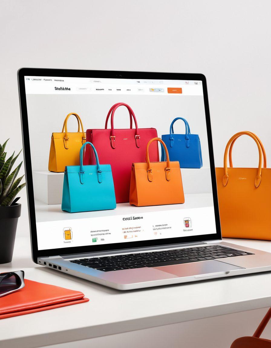 A beautifully designed eCommerce website displayed on a modern laptop screen, showcasing a variety of stylish bags in vibrant colors and elegant designs. The background features subtle elements like shopping icons and a well-organized desk with a cup of coffee. The mood is professional yet inspiring, capturing the essence of successful online shopping. super-realistic. vibrant colors. white background.