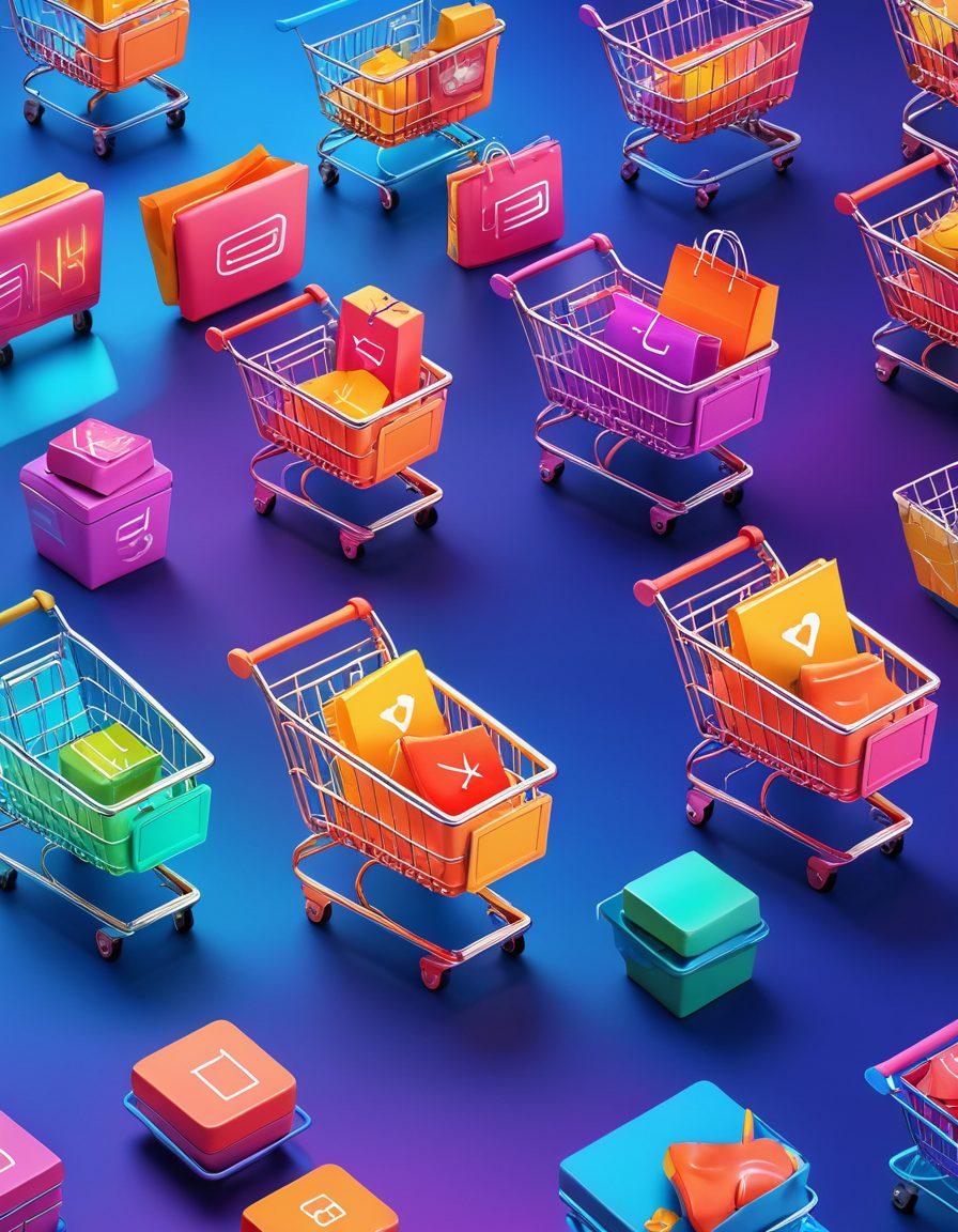 A vibrant online shopping scene with a user-friendly website interface, glowing shopping cart icons, happy customers browsing through a colorful array of products, and smooth transitions between pages represented graphically. super-realistic. vibrant colors. clean modern design.