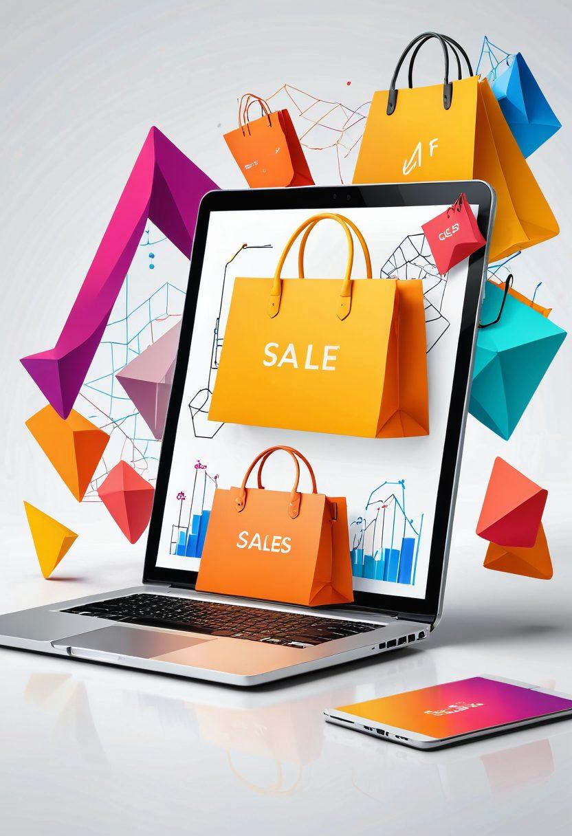 A modern workspace with a laptop displaying code, an assortment of fashionable bags displayed prominently, a shopping cart icon floating above, and a graph showing sales growth in the background. Colorful geometric shapes and a clean layout enhancing the dynamic aspects of eCommerce. super-realistic. vibrant colors. white background.